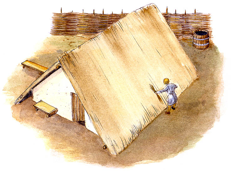 Rekonstruktionszeichnung eines slawischen Grubenhauses, Český Krumlov, Unterer Herrengarten, 8. Jahrhundert. Zeichnung: Michal Ernée.