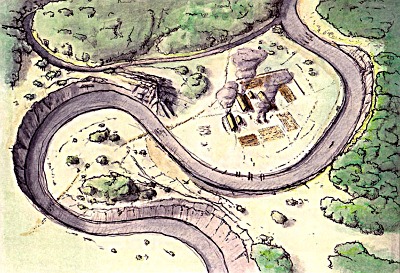 Siedlung der ersten Landwirte in Český Krumlov - 5. Jahrtausend vor Christus, Zeichnung von M. Ernée 