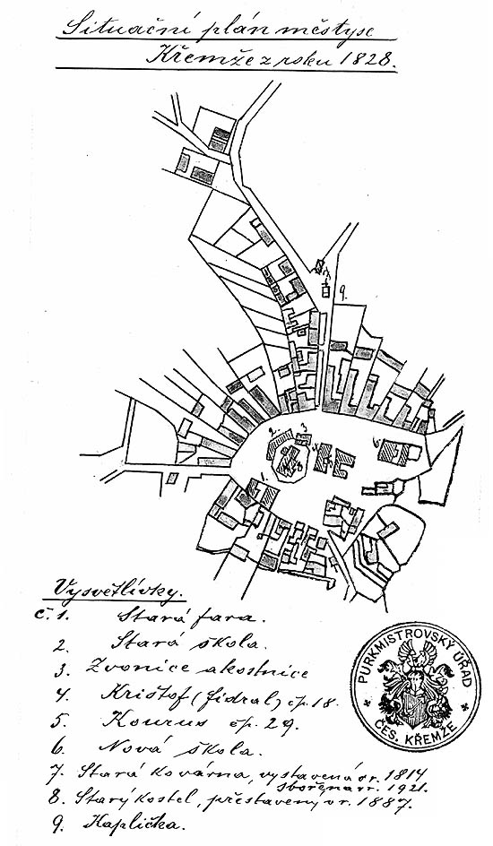 Situační plán městyse Křemže z roku 1828