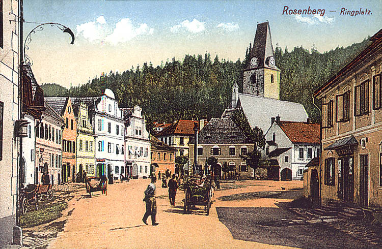 Rožmberk nad Vltavou, Town Square, historical picturepostcard, source: Album starých pohlednic Českokrumlovsko, Roman Karpaš, Jiří Záloha, 2001, ISBN - 80 - 86424 - 8
