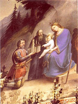 Donator Rožmberk gives Virgin Mary and the Cisterciák´s a new Monastery, source: Cisterciácké opatství Vyšší Brod, Milan Hlinomaz, Ivan Ulrich, ISBN - 80 - 85627 - 39 - 6 