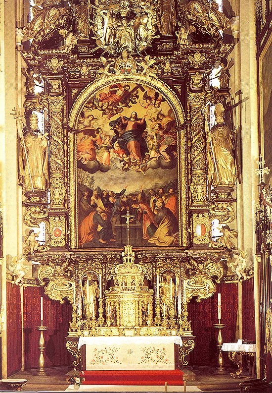 Klášter Vyšší Brod, hlavní oltář, zdroj: Cisterciácké opatství Vyšší Brod, Milan Hlinomaz, Ivan Ulrich, ISBN - 80 - 85627 - 39 - 6