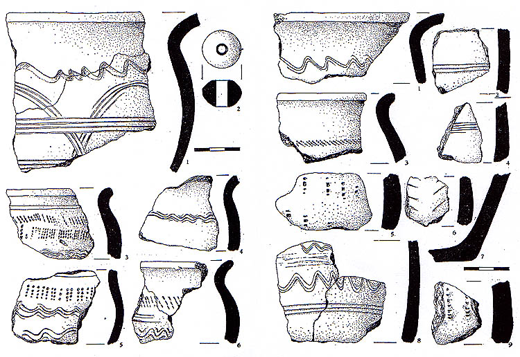 Bruchstücke keramischer Gefäße von der Burgstätte bei Kuklov (8. - 9. Jh.), nach M. Lutovský