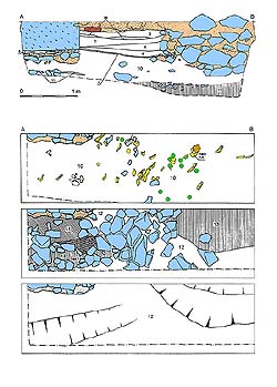 The drawing documentation of the archaeological research in house No. 23, Pivovarská Street. Individual levels and the eastern profile in probing 3 . Drawing : Michal Ernée. 