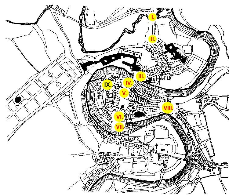 Map of former town gates in Český Krumlov