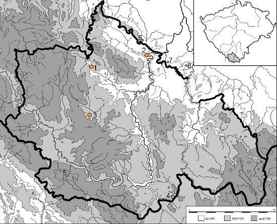 Places of discovery from the Bronze Age marked in the map of the Český Krumlov region: 1 Havalda near Chvalšiny, 2 Dívčí Kámen, 3 Hořice na Šumavě, 4 Český heršlák, 5 Vítkův kámen, 6 Slavče, 7 Kosov, 8 Plavnice near Kamenný Újezd. Drawing by Michal Ernée. Places of discovery from the Bronze Age marked in the map of the Český Krumlov region: 1 Havalda near Chvalšiny, 2 Dívčí Kámen, 3 Hořice na Šumavě, 4 Český heršlák, 5 Vítkův kámen, 6 Slavče, 7 Kosov, 8 Plavnice near Kamenný Újezd. Drawing by Michal Ernée.