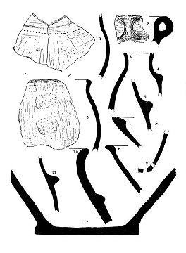 Dívčí Kámen, pottery: Dívčí Kámen, pottery assortment dating from the turn of the late and middle Bronze Age (according to J. Poláček). 