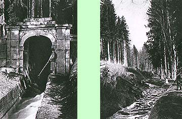 Schwarzenberský plavební kanál, ústí tunelu pod Jeleními vrchy, koryto kanálu při plavení dřeva, historické foto 