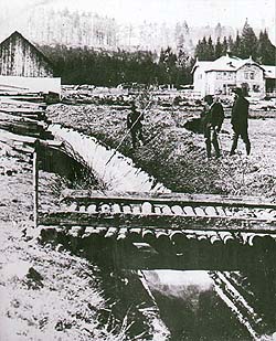 Schwarzenberský plavební kanál s dělníky při plavení dřeva, historické foto 