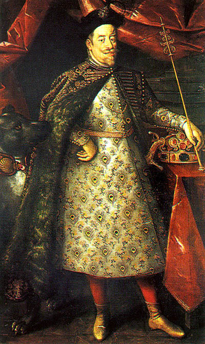 Matthias von Habsburg in corunation cloak, with the jewels of the Czech kings