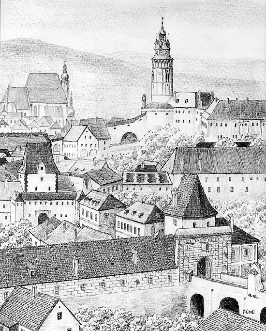 Der blick auf die Stadt und das Schloß vom Norden her - erste Hälfte des 19. Jahrhunderts. Im Vordergrund das Budweiser und das äußere Latráner Tor. Autor: V. Codl